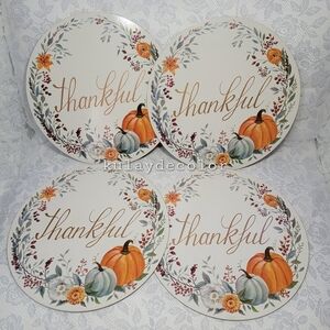 Thankful Fall Pumpkin Round Placemats Set of 4 Cork Back Thanksgiving Decor
